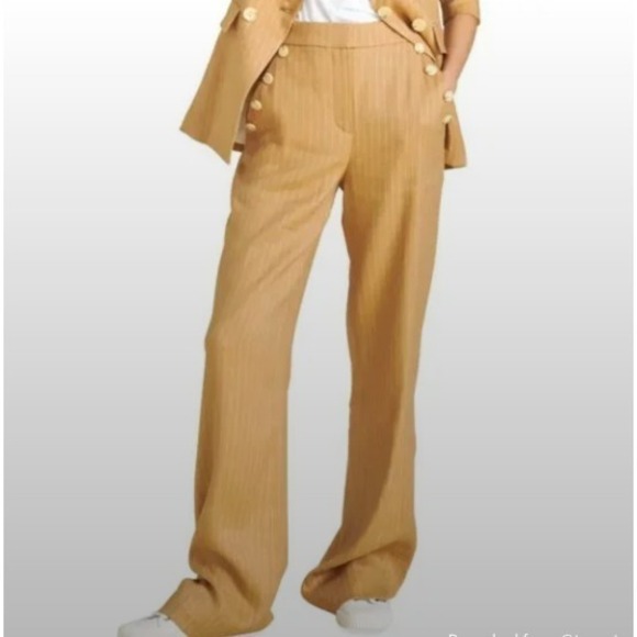 Veronica Beard Eliora Pants 4 Linen Blend Stripe Wide‎ Leg Button NEW Camel - Picture 1 of 9